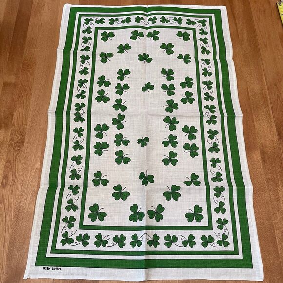 Decorative Vintage Pure Linen Irish Shamrock Tea Towel Wall Hanging Table Runner - Picture 1 of 4